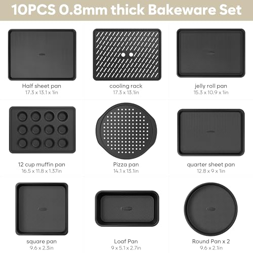 Fire More 10-Piece Nonstick Baking Pan Set, 0.8MM Thick Stackable Bakeware Sets Including Cookie Sheets for Baking, Cooling Rack, Muffin Pan, Cake Pan, Pizza Pan, Loaf Pan
