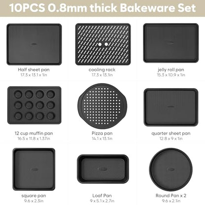 Fire More 10-Piece Nonstick Baking Pan Set, 0.8MM Thick Stackable Bakeware Sets Including Cookie Sheets for Baking, Cooling Rack, Muffin Pan, Cake Pan, Pizza Pan, Loaf Pan