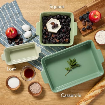 Best Choice Products 3-Piece Ceramic Bakeware Set, Stoneware Baking Dishes, Porcelain Casserole Bakeware Dishes, Serving Dishes - 9x12 Casserole, Loaf Pan, 8x8 Baking Dish - Sage Green