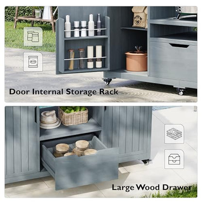 Amposei Outdoor Grill Cart Table for Large Big Green Egg Accessories 66.5’’ Solid Wood Kitchen Storage Island Prep Station with Stainless Steel Top for BBQ, Grey Blue