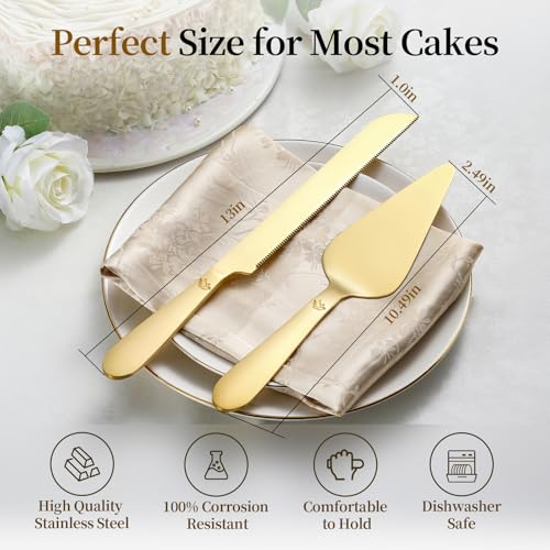 Cake Cutting Set for Wedding - Extended Cake Knife and Server Set Thickened Stainless Steel 13.0" Cake Cutter 10.49" Pie Spatula Great for Birthday Anniversary Christmas Gift 2 Pcs Gold