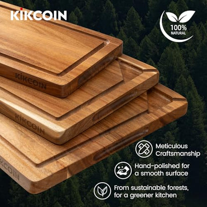 Acacia Wood Cutting Boards for Kitchen, Kikcoin 3 PCS Wooden Cutting Board Set with Holder, Chopping Board with Compartments and Juice Groove, Solid Charcuterie Boards Serving Tray Wood Butcher Block