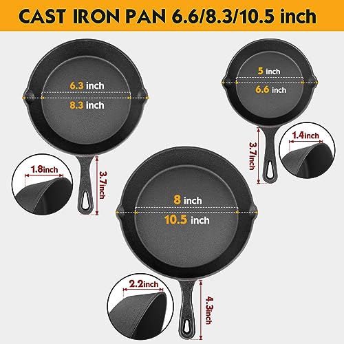 rincentd Pre-Seasoned Cast Iron Skillet Set - 3 Piece Frying Pan With Heat-Resistant Handles (6, 8, 10 Inch) for Frying, Saute, Pizza, Oven Safe (Black)