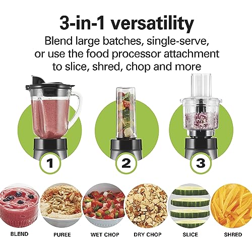 Hamilton Beach Blender and Food Processor Combo for Shakes & Smoothies, With 3 Cup Electric Food Chopper Attachment, 40 oz Glass Jar, Blender Travel Cup, 700 Watts Peak Power, Gray & Black (58163)