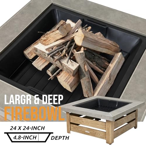 WILDMOS Firepits for Outside，Wood Burning Fire Pit with Wood-Grain Side Panels,Firepit for Outside with Mesh Cover & Fire Poker,Square Modern Outdoor Fireplace Fire Table. (Countryside)