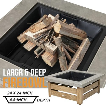 WILDMOS Firepits for Outside，Wood Burning Fire Pit with Wood-Grain Side Panels,Firepit for Outside with Mesh Cover & Fire Poker,Square Modern Outdoor Fireplace Fire Table. (Countryside)