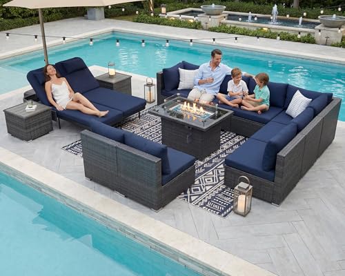 NICESOUL 13 Piece Outdoor Sectional w/Fire Pit Table, Luxury Modular Patio Furniture Set w/Chaise Lounge, Plus 29.3'' High-Back Seating Sofa, All-Weather Deck Couch for Poolside, Yard, Grey & Blue