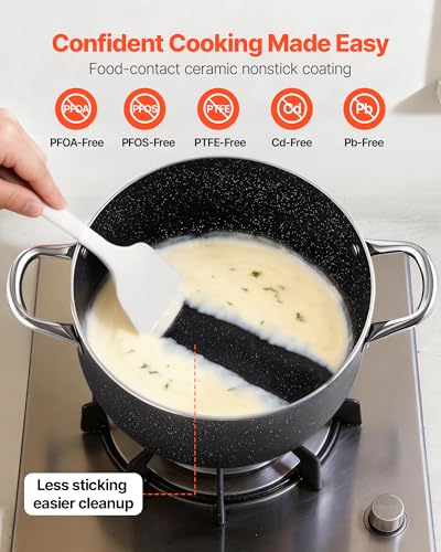 VEVOR Aluminum Stock Pot, 8-Quart Nonstick Ceramic Coated Pot with Glass Lid, PFOA-Free, PFAS-Free, Compatible with Gas Stoves, Induction Cooktops, Electric Stoves, for Soups, Stews, and Pasta