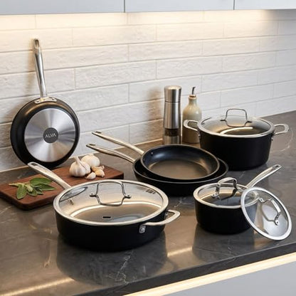 Alva Maestro 9-Piece Ceramic Nonstick Cookware Set – Free of PFAS, PTFE, & PFOA, Non-Toxic Pots & Pans + Lids – Induction & Oven Safe (400°F), Easy Clean Ceramic Coated Aluminum Kitchen Cookware Set