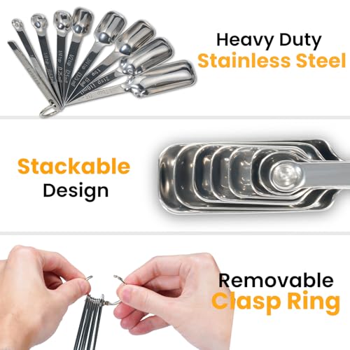 Stainless Steel Measuring Spoons Set of 14 with Leveler, Rectangular Teaspoon & Tablespoon Measuring Spoons for Dry & Liquid Ingredients, Slim Design Fits in Spice Jars