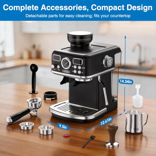 XIXUBX Espresso Machine with Grinder, PID & Programmable Settings, Black