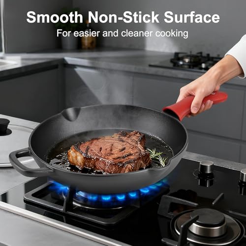 CUISGUSTO 8 Inch Cast Iron Skillet with Tempered Glass Lid, Pre-Seasoned, Even Heat Distribution, Silicone Handle Cover & Pan Scraper, Ideal for Breakfast & Everyday Cooking