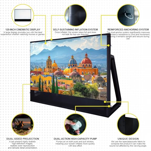 Iuoni Inflatable Projector Screen I Air-Tight No-Blower Design,Made from TPU Tarpaulin, 120 inch (Equivalent to 16ft) for Indoor & Outdoor Use Backyard, Pool, Party, Camping, Movie Night Parties