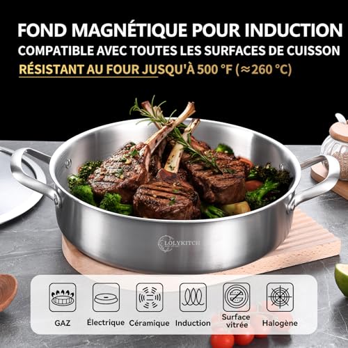 LOLYKITCH 3 Quarts Tri-Ply Stainless Steel Sauté Pan wih Lid,10 Inch Induction Cooking Pot,Dishwasher and Oven Safe,Dia.26 CM