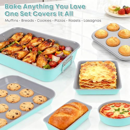 Spmarkt 21-pieces Stackable Nonstick Bakeware Set, PTFE/PFOA/PFOS Free Baking Pans Set with Silicone Cup, Oven Mitt, Complete Kitchen Baking Kit for Cake & Loaf, Cookies, Cupcakes