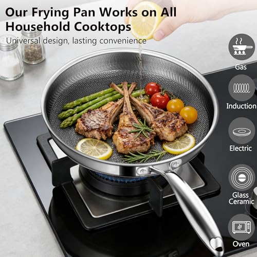 Vocvee Non Stick Frying Pans, 10-inch with Lid, Hybrid Frying Pans Nonstick Stainless Steel Skillets, Dishwasher & Oven-Safe, Stay-Cool Handle, PFOA Free Cookware, Compatible with All Cooktops
