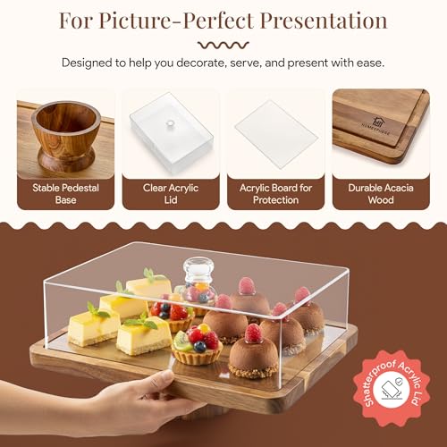 HOMESPHERE Acacia Wood Cake Stand with Lid - Rectangular Cake Holder, 2-in-1 Dessert Table Display Set & Charcuterie Board for Cheese, Chips, Fruit Platter, Large Acrylic Cake Dome Cover, No Glass