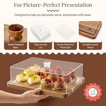 HOMESPHERE Acacia Wood Cake Stand with Lid - Rectangular Cake Holder, 2-in-1 Dessert Table Display Set & Charcuterie Board for Cheese, Chips, Fruit Platter, Large Acrylic Cake Dome Cover, No Glass