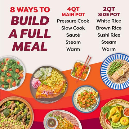Instant Pot Dual Action 8‑in‑1 Multi-Cooker with Serve Together™ Smart Timing, 4Qt Pressure Cooker & 2Qt Rice Cooker, Cook Mains & Sides Together, Fast Cooking, PFAS-Free Pot*, Sauté, Slow Cook & More