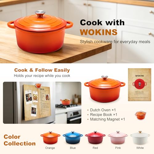 WOKINS Enameled Cast Iron Dutch Oven - 7QT Pot with Lid,Oven Safe to 500°F,Heavy-Duty Cookware for Sourdough Bread Baking,Braising,Stews,Roasting Orange