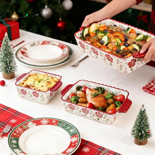 Coloch 3 Pack Ceramic Baking Dishes, Rectangular Bakeware Set Hand-painted Lasagna Pan Porcelain Serving Bakeware for Pasta, Chicken, Kitchen, Banquet, Microwave and Dishwasher Safe