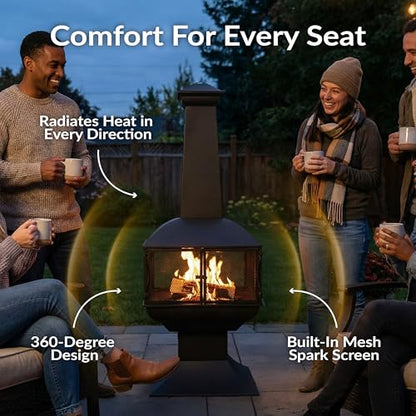Sunnydaze 57-Inch Large Chiminea Outdoor Fireplace - Steel Wood-Burning Chiminea Outdoor Fire Pit with Cover, Wood Grate, and Poker