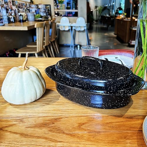 13” Enamel Roaster With Lid Oval Roasting Pan For Oven,Turkey Roaster Pot Broiler Pan Chicken Vegetables Suitable For Dining With Two People High Cookware Small Baking Pan