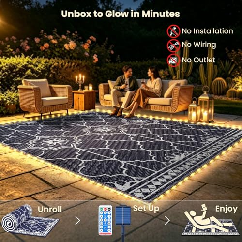 Lighted Outdoor Rug 8x10 ft, Solar Powered Patio Rug with 113 LED Lights, Waterproof Plastic Reversible Outdoor Straw Rugs, Rugs Mat for House Deck RV Camping Patio Beach Balcony Picnic (Blue White)