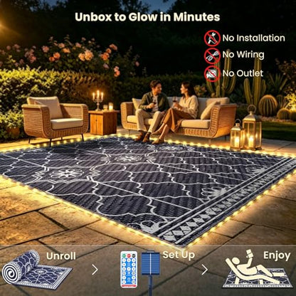 Lighted Outdoor Rug 8x10 ft, Solar Powered Patio Rug with 113 LED Lights, Waterproof Plastic Reversible Outdoor Straw Rugs, Rugs Mat for House Deck RV Camping Patio Beach Balcony Picnic (Blue White)