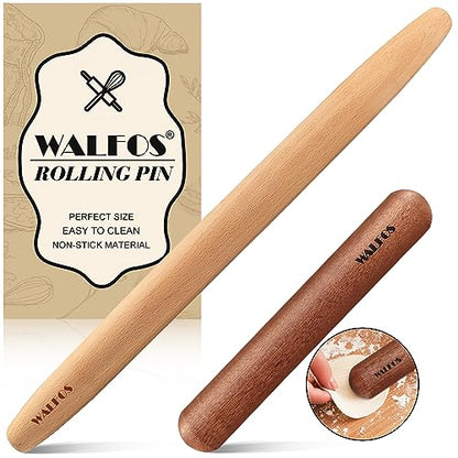 Walfos French Rolling Pin Set - Natural Wooden Rolling Pins (8inch, 15.7inch), Baking Dough Roller for Pizza, Pie, Pasta, Bread, Pastry, No Coating