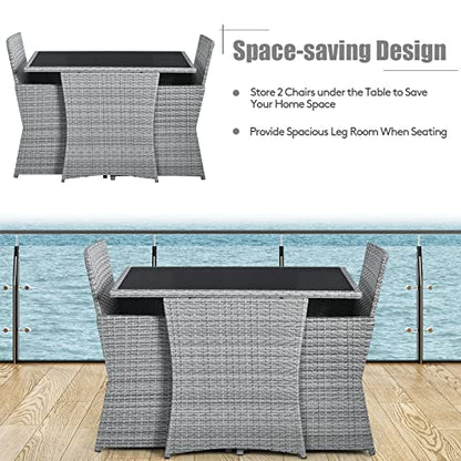 Tangkula 3 Pieces Patio Dining Set, Patiojoy Space-Saving PE Rattan Bistro Set with Tempered Glass Top Table and Cushioned Chairs, Outdoor Conversation Set for Garden, Backyard, Poolside, Porch