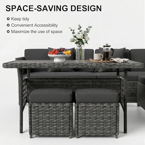 7 Pieces Patio Furniture Set, Patio Sectional with Dining Table & Ottoman