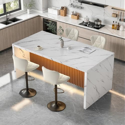 67" Kitchen Island Table with Faux Marble Top, Counter Height Dining Table for Kitchen, Modern Island Table with Fluted Base, Seats 4