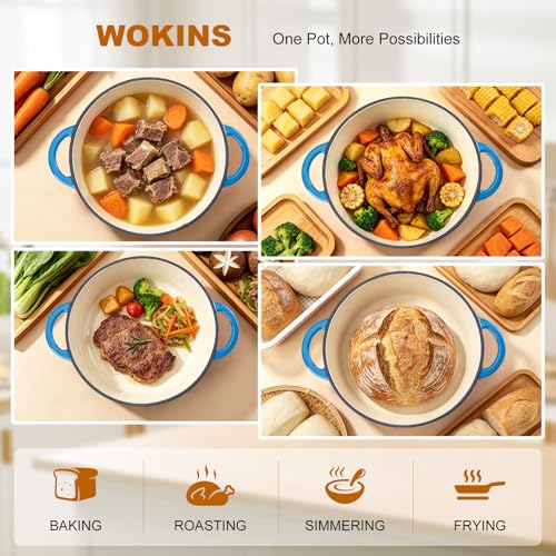 WOKINS Enameled Cast Iron Dutch Oven - 7QT Pot with Lid,Oven Safe to 500°F,Heavy-Duty Cookware for Sourdough Bread Baking,Braising,Stews,Roasting Blue