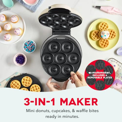 Dash MultiMaker Treat Maker System - Features Snap-and-Swap, Dishwasher Safe Plates - Makes Mini Donuts, Waffle Bites, and Mini Cupcakes - Cream