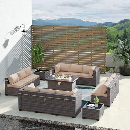ASJMR Outdoor Patio Furniture Set with Fire Pit Table, 15 Pieces Outdoor Furniture Set Patio Sectional Sofa w/43in Propane Fire Pit, PE Wicker Rattan Patio Conversation Sets - Brown