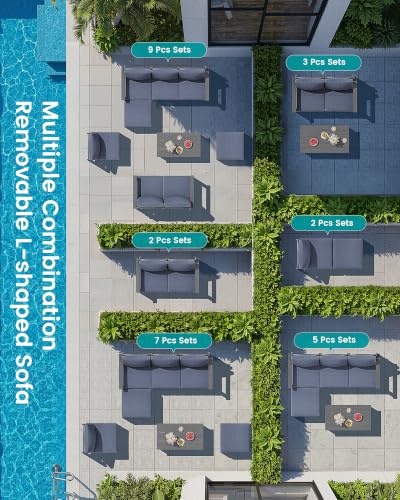 SERWALL 9 Pieces Patio Sofas, HDPE Outdoor Sectional Sofa Couch Set, Grey