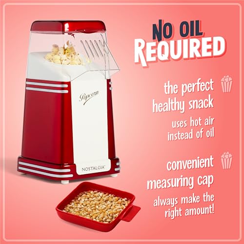 Nostalgia Hot-Air Electric Popcorn Maker, 8 Cups, Healthy Oil Free Popcorn with Measuring Scoop, Retro Red