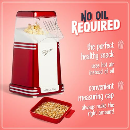 Nostalgia Hot-Air Electric Popcorn Maker, 8 Cups, Healthy Oil Free Popcorn with Measuring Scoop, Retro Red