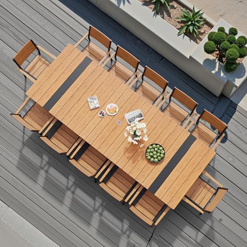 Pellebant 13 Piece Patio Table and Chairs Set for 12, Aluminum Outdoor Dining Set with Umbrella Hole, Stackable Dining Chairs & 118" Dining Table, Brown