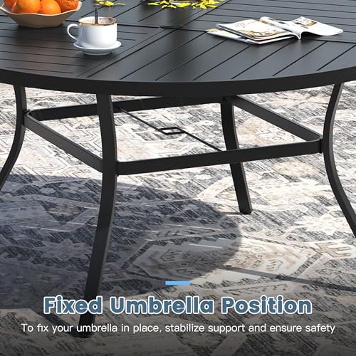 DIFY 7 Pieces Outdoor Patio Dining Set for 6, 50" Black Round Metal Dining Table and 6 Brown Stackable Sling Dining Chairs, Outdoor Table and Chairs for Lawn Garden Backyard Deck