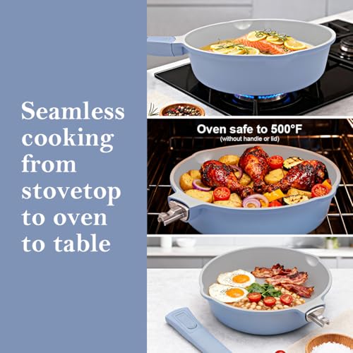 AIKENBBKK 10 Inch Non Stick Ceramic Frying Pans with Lid, 4 QT Nonstick Deep Frying Pan Skillet, Saute Pan with Detachable Handle, Compatible with All Stoves, Oven Safe, PTFE & PFAS-Free, Blue