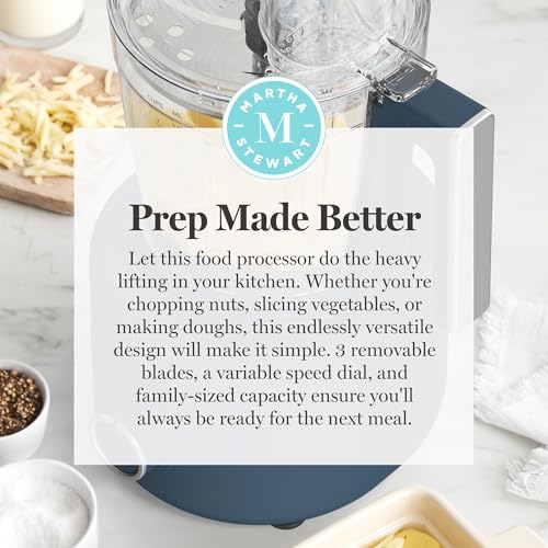 Martha Stewart Food Processor, 10-Cup Electric Chopper for Slicing, Shredding, Mincing and Puree, BPA-Free Twist & Lock Bowl, 3 Multipurpose Blades, Variable Speed Dial, Wide Feed Chute, Indigo Blue