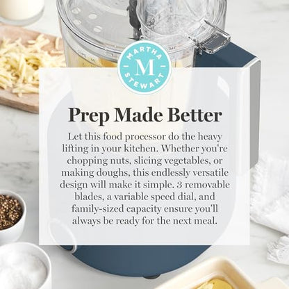 Martha Stewart Food Processor, 10-Cup Electric Chopper for Slicing, Shredding, Mincing and Puree, BPA-Free Twist & Lock Bowl, 3 Multipurpose Blades, Variable Speed Dial, Wide Feed Chute, Indigo Blue