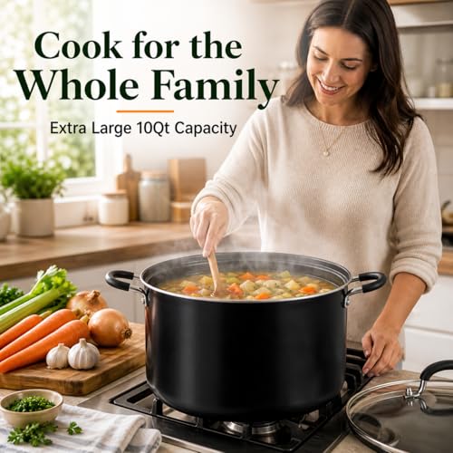 Alpine Cuisine 10Qt Aluminum High Stock Pot with Glass Lid, Nonstick Black Coated Cooking Pot, Large Capacity Soup & Pasta Pot with Handles, Durable & Lightweight Cookware for Family Meals