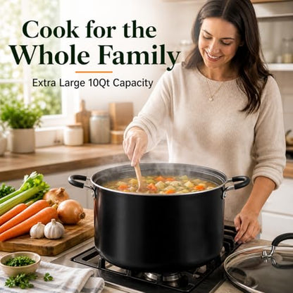 Alpine Cuisine 10Qt Aluminum High Stock Pot with Glass Lid, Nonstick Black Coated Cooking Pot, Large Capacity Soup & Pasta Pot with Handles, Durable & Lightweight Cookware for Family Meals