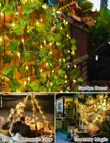 suddus Solar Ivy String Lights Outdoor Waterproof, 33Ft 100 LED Fake Vines with Lights, Artificial Greenery Leaf Fairy Light for Privacy Fence, Wall, Patio, Garden, Balcony Decor (Warm White)