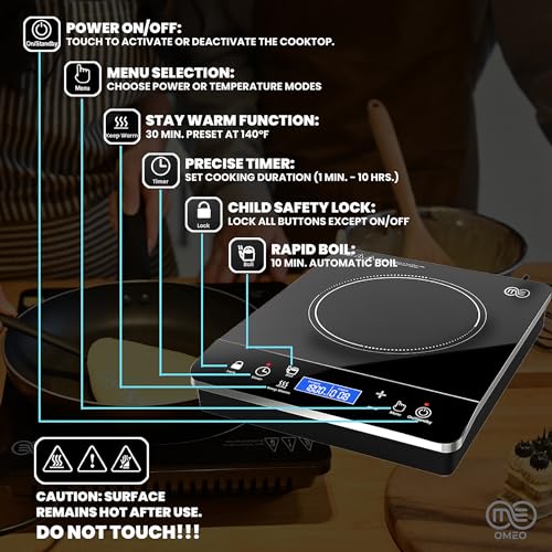 OMEO Portable Induction Cooktop Hot Plate Countertop Burner 1800 Watts Induction Burner with LCD Sensor Touch, LED Display, 10 Temperature Levels, Child Safety Lock, Auto Shutoff Function