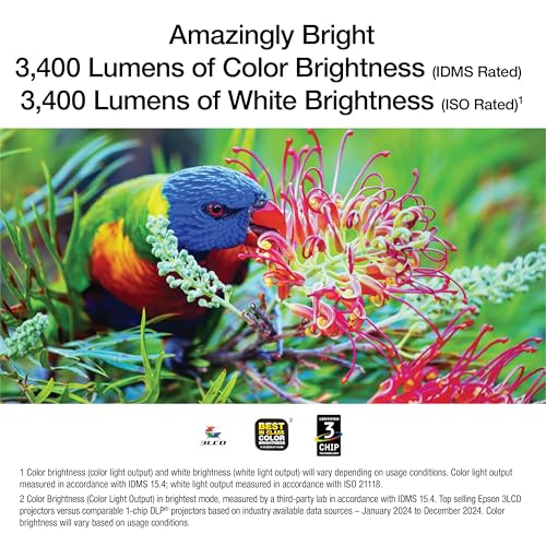 Epson Home Cinema 1100 3-Chip 3LCD Wireless 1080p Projector Streaming with Apple AirPlay, Miracast, Media Room/Gaming, 3,400 Lumens Color and White Brightness, Speaker, 16000:1 Contrast, 2x HDMI