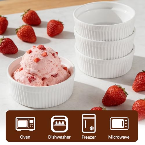 Cinf White 10 oz Set of 4 Souffle Dishes Ramekins Oven Microwave Safe Bowls Creme Brulee Sauce Cups for Baking Cooking Porcelain Individual Serving Size for Desserts